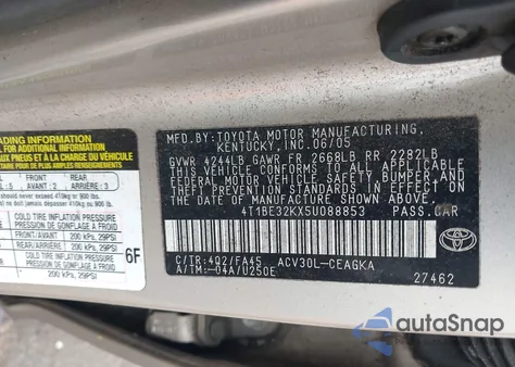 2005 Toyota Camry Xle from USA, damaged, VIN 4T1BE32KX5U088853